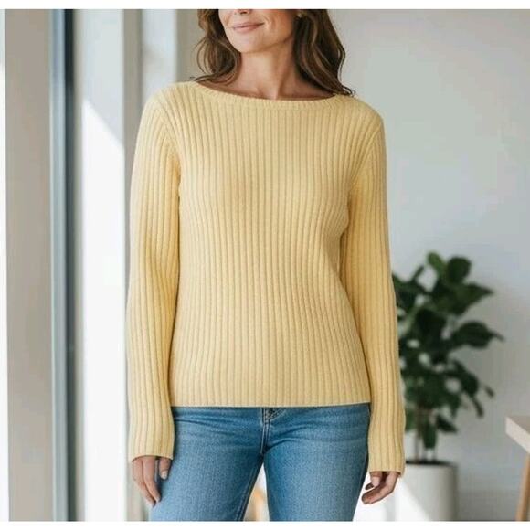 Lauren Ralph Lauren Sweater Womens Medium Yellow Rib Knit Boat Neck - Picture 2 of 5